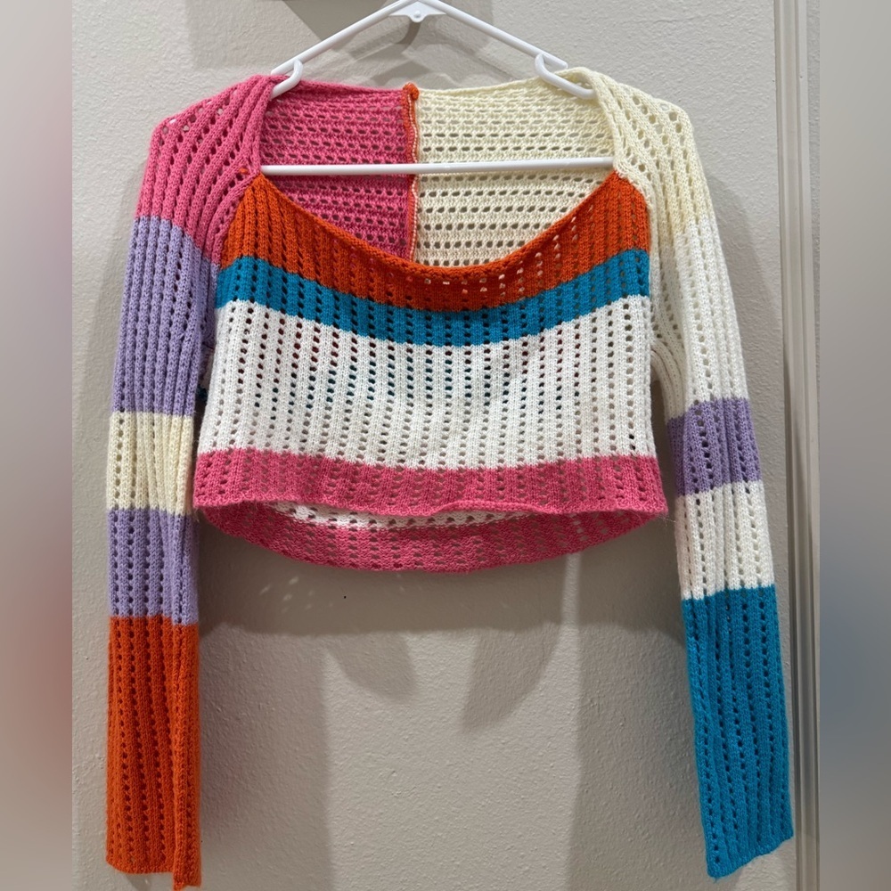 SHEIN Rainbow Crochet Festival Crop Top long sleeve color block